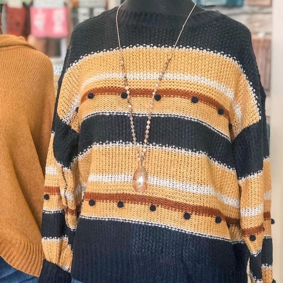 Urban Flamingo Boho Striped Sweater Black Mustard Pom Poms NWOT - Picture 3 of 3